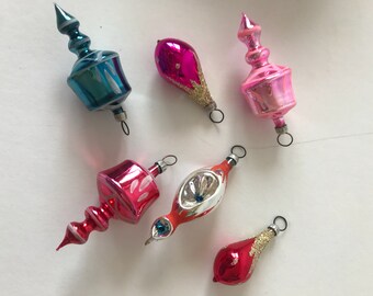 Vintage Mavi Mexico Blown Glass Feather Tree Christmas Ornaments Set of 6