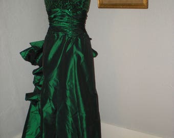 1990 Flirtations by Alfred Angelo Emerald Green Sequins Strapless Formal Gown Big Rear Bow size 7/8