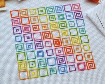 PATTERN Geometric Squares Cross Stitch Chart - Quick and Easy Rainbow Modern Cross Stitch PDF - Repeating Design with Bright DMC Colours