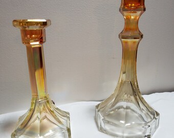 Amber Carnival glass candle holders