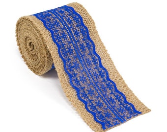 2.5" Wide x 10 Yards Long Natural Burlap Craft Ribbon with Lace (Jute Ribbon, Burlap Tape, Rustic Decor) with Royal Blue Lace