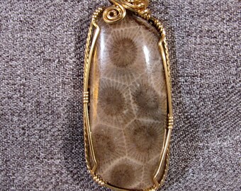 Michigan Petoskey Pendant in German Gold Wire