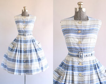 Vintage 1950s Dress / 50s Cotton Dress / Blue and Gray Striped Dress w/ Oversized Pockets XS