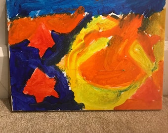 Orange bay canvas painting. Painted by 7 year old Charlie who would loves nothing more than painting,and seeing them displayed