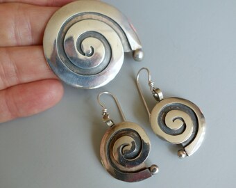Mexico Sterling Spiral Earrings Brooch Vintage