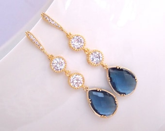 Wedding Jewelry, Cubic Zirconia and Navy Blue, CZ and Montana Blue Earrings,Gold, Bridesmaids Jewelry,Wedding Gifts , Gifts,Drop,Dangle,Long