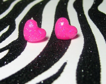 Neon Pink Heart Earrings, Hot Pink Studs, Kawaii Resin Jewelry
