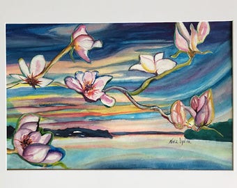 Original Watercolor Collage // Blooms over the Water 12x18