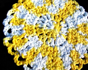TWO YELLOW DOILIES, crochet, for candles, beverages, bar, table protector, candy jar, figurine, RedRobinArt, Grigsby Gallery and Gifts
