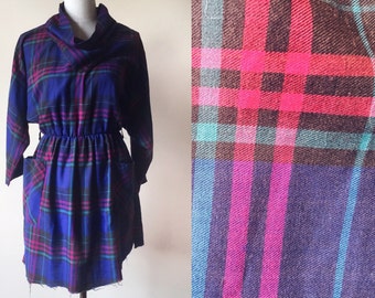 Vintage plaid dress // 90s dress // vintage blue and purple checkered dress