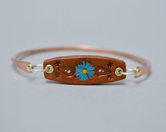 Stamped Leather Sterling Copper Bangle . Stacking Bracelet. Blue Daisy. Cold Connections . Rustic . Earthy . Boho .