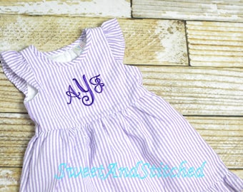 Monogrammed Seersucker dress, toddler dress, baby girl easter dress personalized, toddler beach outfit, Summer outfit, Baby Girl Beach Dress