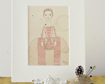 Queen Anne Doll Original Watercolor No. 1 by Lana Manis, Early American, Primitive, Folk Art, Ready to Frame