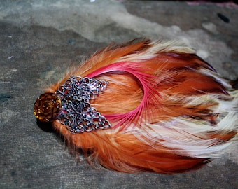 rust orange vintage feather hedpiece, burlesque, wedding fascinator, fire