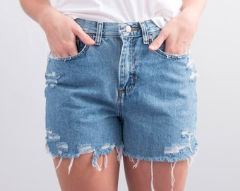 Reworked Denim Cutoffs * Distressed Cutoff Jean Shorts * Medium Wash * High Waisted * Size 4 – 6 / XS - Small / Waist 28 * FREE SHIPPING
