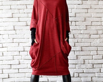 SALE Red Loose Tunic/Oversize Red Dress/Red Maxi Dress/Long Sleeve Winter Dress/Red Polo Dress/Plus Size Maxi Dress/Long Tunic Top/Red Tunic