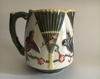 7.5" 19th c English Wedgwood Majolica pitcher Bird Fan pattern