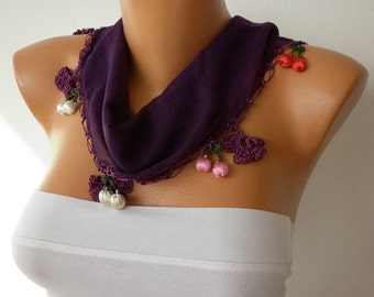 Dark Purple Floral Cotton Scarf , Damson,Fall Scarf, Necklace, Gift Ideas For Her, Women Fashion Accessories