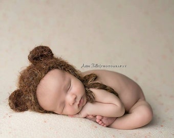 PDF Crochet Pattern Fuzzy Bear Bonnet Hat, Newborn, 6-12 Months
