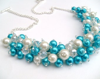 Beaded Necklace, Turquoise Bridesmaid Jewelry, Cluster Necklace, Chunky Necklace, Bridesmaid Gift, Bridesmaid Necklace, Blue Necklace