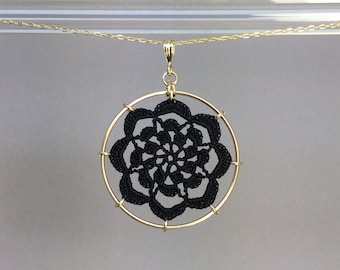 Serendipity doily necklace, black silk thread, 14K gold-filled