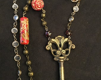 CHARMED! Vintage Key Pendant Necklace with Red, Rhinestones and Filagree
