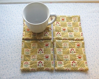gold country flowers vintage fabric hand quilted set of mug rugs coasters