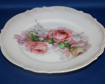 Antique Beautiful Early German P.K. Silesia Cabinet Plate Pink Roses Salad Plate Dessert Plate Dinner Plate