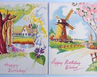 Vintage Birthday Cards 1940's/1950's - Pack of 2 Unused Greetings Cards - Happy Birthday Cut Out Cards, Windmill and Church, Thatched House