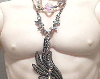 Silver Wing Dollfie necklace with rainbow rhinestones