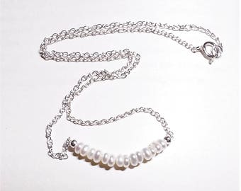 White Freshwater Pearls and Sterling Silver Bar Necklace - Pearl, Birthstone for June - Cultured Pearls - Gift for Her