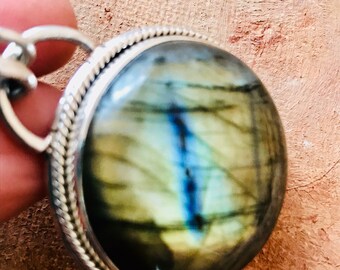 Mystical Galaxy-Labradorite Pendant Round Labradorite Pendant Big 43 mm Artisan Bezel Spectrolite Statement Necklace 925 Sterling Silver