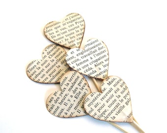 Valentine's Day Decor, Vintage French Text Heart Cupcake Toppers, Food Picks, Party Decor, Weddings, Showers, Set of 15