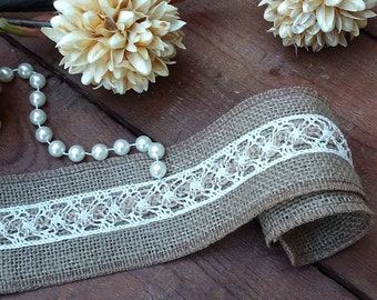 Jute Ribbon - Burlap and Lace ribbon - Rustic Burlap Ribbon - Wedding Ribbon - Wedding Decor - Wedding Accessory - Rustic Wedding Decor