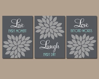 Live Laugh Love Wall Art, Flower Canvas or Prints, Gray Bathroom Decor, Bedroom Quote Wall Decor, Flower Burst, Set of 3, Floral Decor
