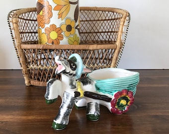 Vintage Kitsch Donkey and Cart Planter Retro Home
