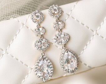 Bridal Earrings Long Earrings White Gold Earrings Bridal Accessories Crystal Earrings Silver Bridal Jewelry Wedding Accessories E341-S