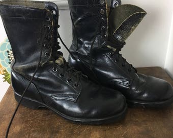 Vintage Combat Boots, Distressed Black Leather Work Boots, Mens Sz 8, Womens Sz 10