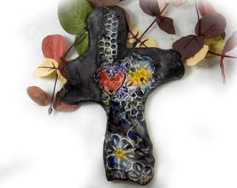 Handmade ceramic wall cross - OOAK Wall Cross - Sculpture Ceramic Cross - Home Decor Cross - Cross for Wall - Decorated Art Wall Cross, # 1