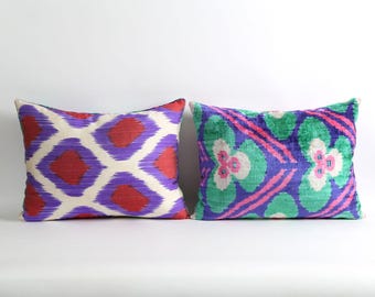 Velvet ikat pillow cover with silk ikat backing // Green, purple, pink Handwoven & hand-dyed pillows
