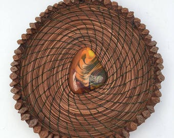 Pine Needle Basket with Swirled Green/Gold Glass Center- Item 748 by Susan Ashley