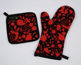 Blood Splatter Oven Mitt and Pot Holder, Horror Decor, Psychobilly Goth Housewares, Halloween Decoration, Red Black, Sets and Singles