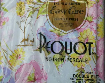 Vintage Full Flat Sheet, NIP, NOS, New in Package, Pequot Full Flat Sheet, Pink, Purple, Floral Flat Sheet, Double Flat Sheet