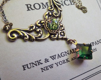 Vintage Style ~ Emerald Necklace ~ May Birthstone ~ Pendant ~ Green Opal ~ Art Nouveau ~ Vintage Glass ~ by LadyofTheLakeJewels