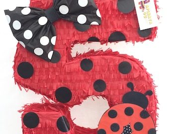 Large Number Five Pinata Red & Black Polka Dots Ladybug Pinata