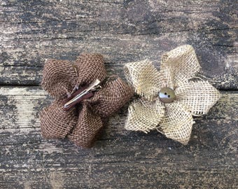 Small Burlap Flower Hair Clips with Button ~ Rustic ~ Shabby Chic ~ Country Wedding Hair Clips ~ Flower Girl ~ Baby Girl Hair Clip ~ Vintage