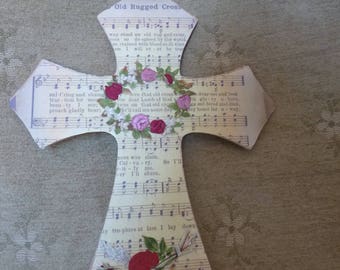 Old Rugged Cross, wall cross, sheet music, silk flowers