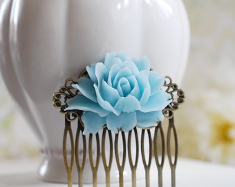 Baby Blue Rose Flower Hair Comb, Light Blue Wedding Hair Accessory, Bridal Hair Comb, Bridesmaid Gift, Country Wedding, Something Blue