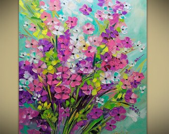 Spring Fields, Flowers Oil Flower Bouquet ABSTRACT ORIGINAL Painting Contemporary Modern Textured Palette Knife by Lana Guise