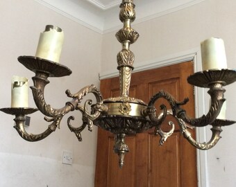 Antique brass chandelier, ceiling light.